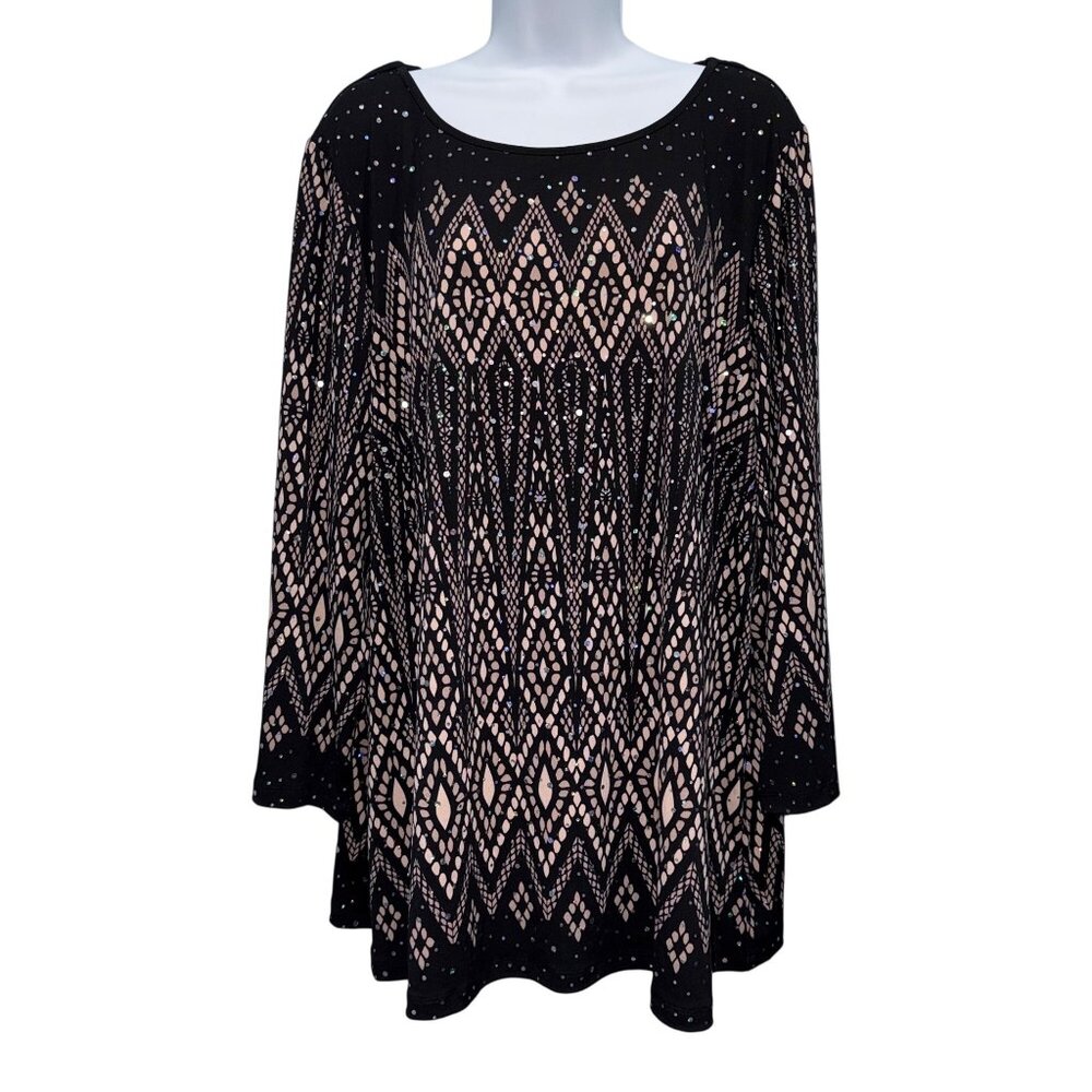 Bob Mackie Wearable Art Diamond Graphic Sequin Stretch Top Black Plus 2X NWT